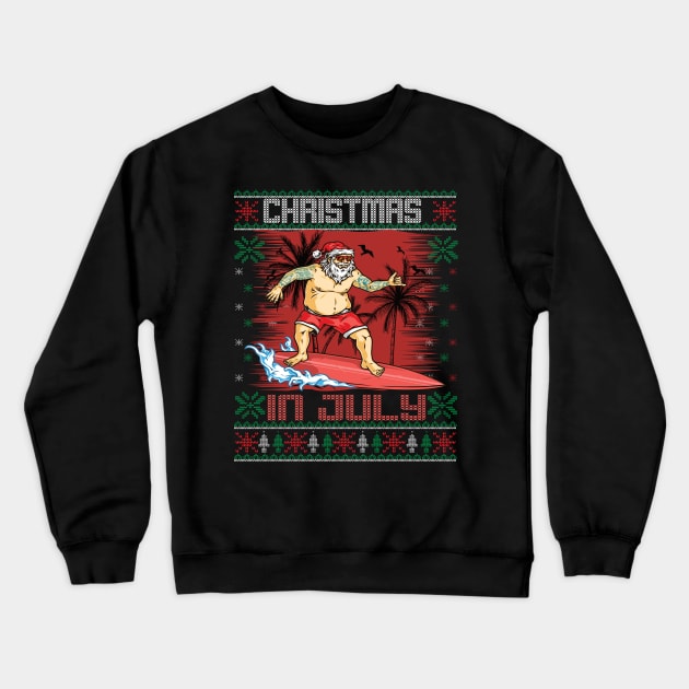 Christmas in July Santa Surfing Ugly Sweater Crewneck Sweatshirt by DODG99